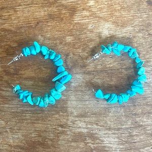 NATIVE AMERICAN MADE 2” HOOP EARRINGS Natural Turquoise Nuggets on Silver Wire